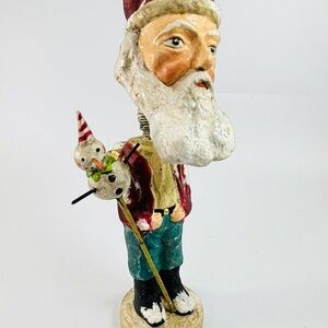 Vintage Bethany Lowe Signed Bobblehead Folk Art Santa Snowman Knapsack RARE FIND